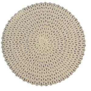 Modern minimalist round cream woven placemat with elegant scalloped fringe edges