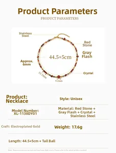 Detailed size parameters for handmade necklace with red stones and stainless steel beads