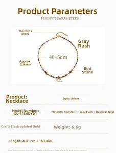 Détail du collier de perles rouges avec pendentif trèfle doré et spécifications
