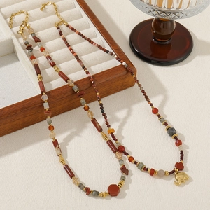 Handmade Bohemian Beaded Necklace For Women Stainless Steel Natural Stone Red Agate Elephant Clover Sunflower Pendant Necklace