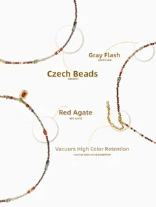 Détail d'un collier artisanal avec agate rouge, labradorite grise et perles dorées