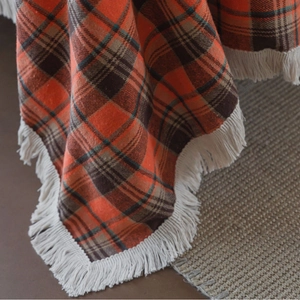 Rust red plaid multi-purpose sofa throw blanket with white tassel fringe decoration