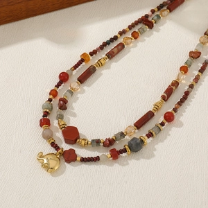 Handmade elephant pendant necklace with red agate beads and stainless steel chain