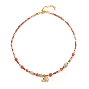 Handmade beaded necklace with a golden elephant pendant and red carnelian natural stones