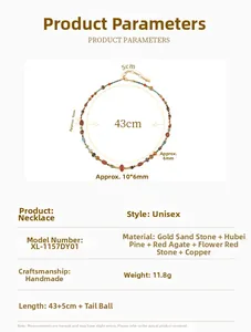 Detailed size specifications for bohemian multi-gemstone beaded necklace with leaf pendant