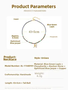 Detailed size chart for handmade beaded necklace with natural blue gemstones and shell pendant