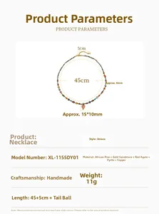 Detail specifications of beaded necklace with stone beads and leaf pendant size details