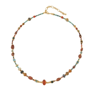 Handmade beaded necklace with red agate, turquoise, and elephant pendant in ethnic style