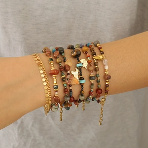 Boho-Mehrlagen-Armbandset mit Glückselefanten, Natursteinen und hochwertigen Achatperlen