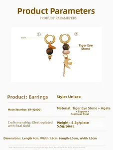 Detailed size parameters and materials of asymmetric tiger eye and agate earrings