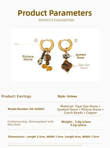 Detail of asymmetric French earrings featuring natural tiger eye and jasper beads