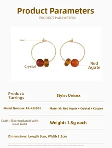 Detail view of red agate and crystal beads on gold-plated copper hoop earrings