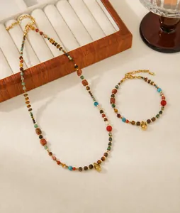 Macro view of natural turquoise waterdrop gold pendant and beaded jewelry set details