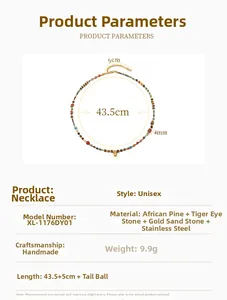 Detailed size specifications for natural African turquoise beaded necklace with gold pendant