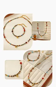 Detail view of the colorful African turquoise teardrop pendant necklace and bracelet set