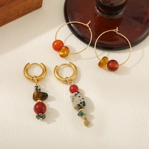 French style gold plated earrings with tiger eye beads and natural stones for women
