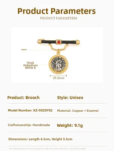 Detailed size specifications for vintage portrait relief medal brooch in copper and enamel