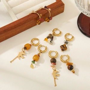 French style asymmetrical earrings with tiger eye beads and gold swallow pendant charms