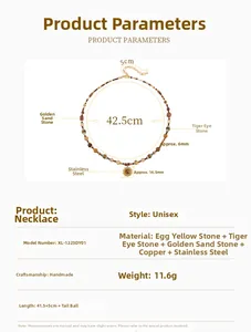 Größentabelle mit Details zu Maßen und Materialien der Tigerauge-Perlenkette