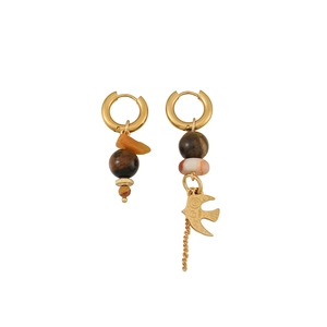 Asymmetric French style hoop earrings with tiger eye beads and gold bird pendant