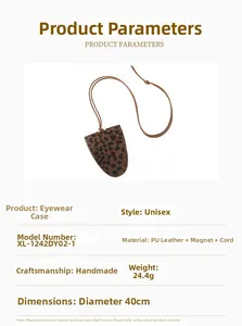 Macro detail of leopard print leather glasses bag with magnetic closure and neck strap