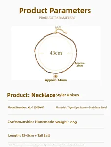 Detailed macro view of natural tiger eye bead necklace with stainless steel lobster clasp
