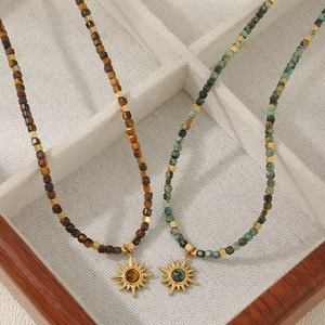 Handmade Natural Tiger Eye African Turquoise Beaded Necklace With Stainless Steel Gold Sun Pendant Boho Vintage Jewelry