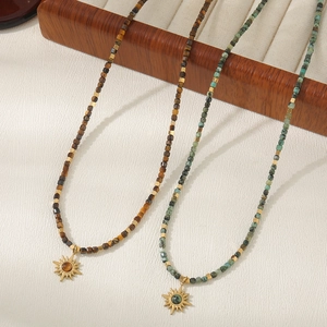 Tiger eye stone beaded necklace with vintage sunflower pendant and gold metallic beads