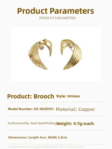 Detail specifications of golden wing brooch showing dimensions and premium plated finish