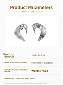 Detailed specs of wing brooch with dark grey pearl and silver-tone electroplated copper