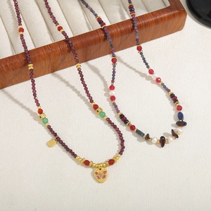 Retro multi-layer garnet beaded necklace with butterfly heart pendant and red agate