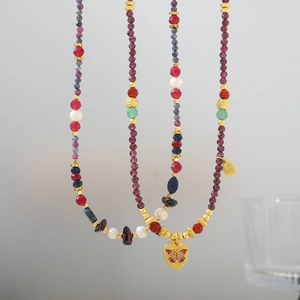 New Chinese retro garnet beaded necklace with butterfly and Fu pendant accents