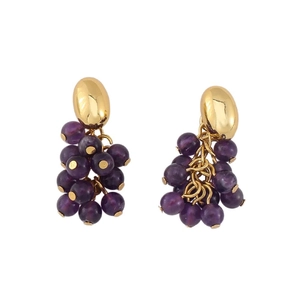 Elegantes pendientes de racimo de uvas moradas con tachuelas doradas y agujas plata 925