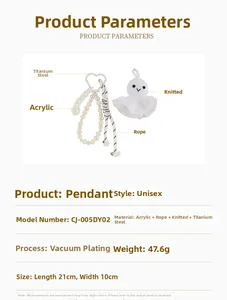 Detailed view of handmade crochet doll pendant with titanium heart clip and pearl chain