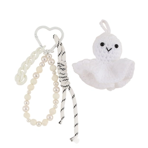 Handmade crochet sunny doll keychain with pearl chain and white heart metal buckle