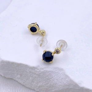 Macro detail of blue round zircon stud earrings with gold finish and clear silicone back