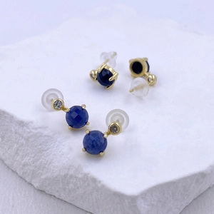 Classic round blue zircon earrings with heart setting in premium gold finish