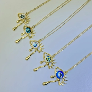 Vintage gold teardrop evil eye pendant necklace set with colorful resin stone inlay