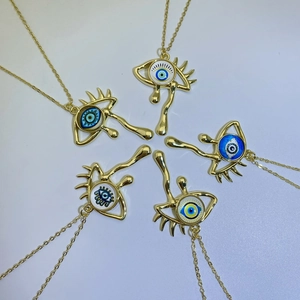 Retro golden evil eye pendant necklaces set with colorful teardrop fluid designs