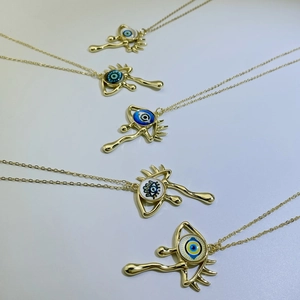 Retro gold-plated evil eye teardrop pendant necklaces in assorted enamel colors