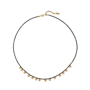 Collana lunga vintage fatta a mano con perline nere e ciondoli a fiore in oro martellato