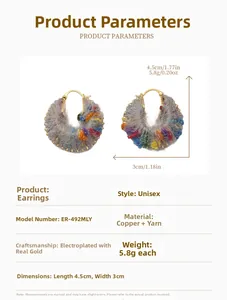 Detail of grey wool knit hoop earrings with gold-plated copper base and specifications