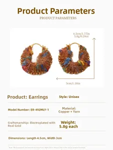 Detail shot of 4.5cm round copper hoop earrings with brown yarn and colorful stitching