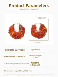 Detailed view of handmade colorful yarn-wrapped hoop earrings with size measurements