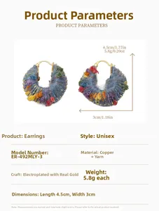 Macro detail of hand-woven colorful yarn earrings with gold-plated U-shaped hooks