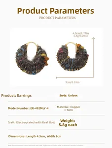 Detailed chart showing size 4.5cm and material specs for colorful wool hoop earrings