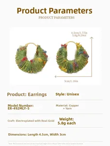 Detailed view of handmade colorful knit hoop earrings with dimensions and copper gold plating