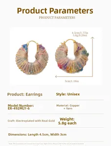 Detailed view of colorful knitted yarn earrings with gold plated copper and size specs