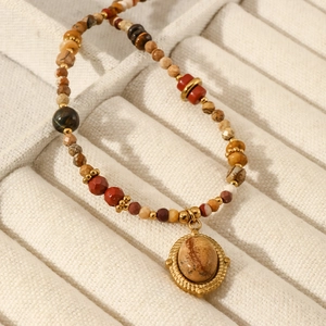Retro natural stone beaded necklace with sunset tones and oval landscape stone pendant