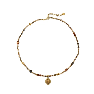 Vintage bohemian beaded necklace with natural sunset stones and gold oval pendant